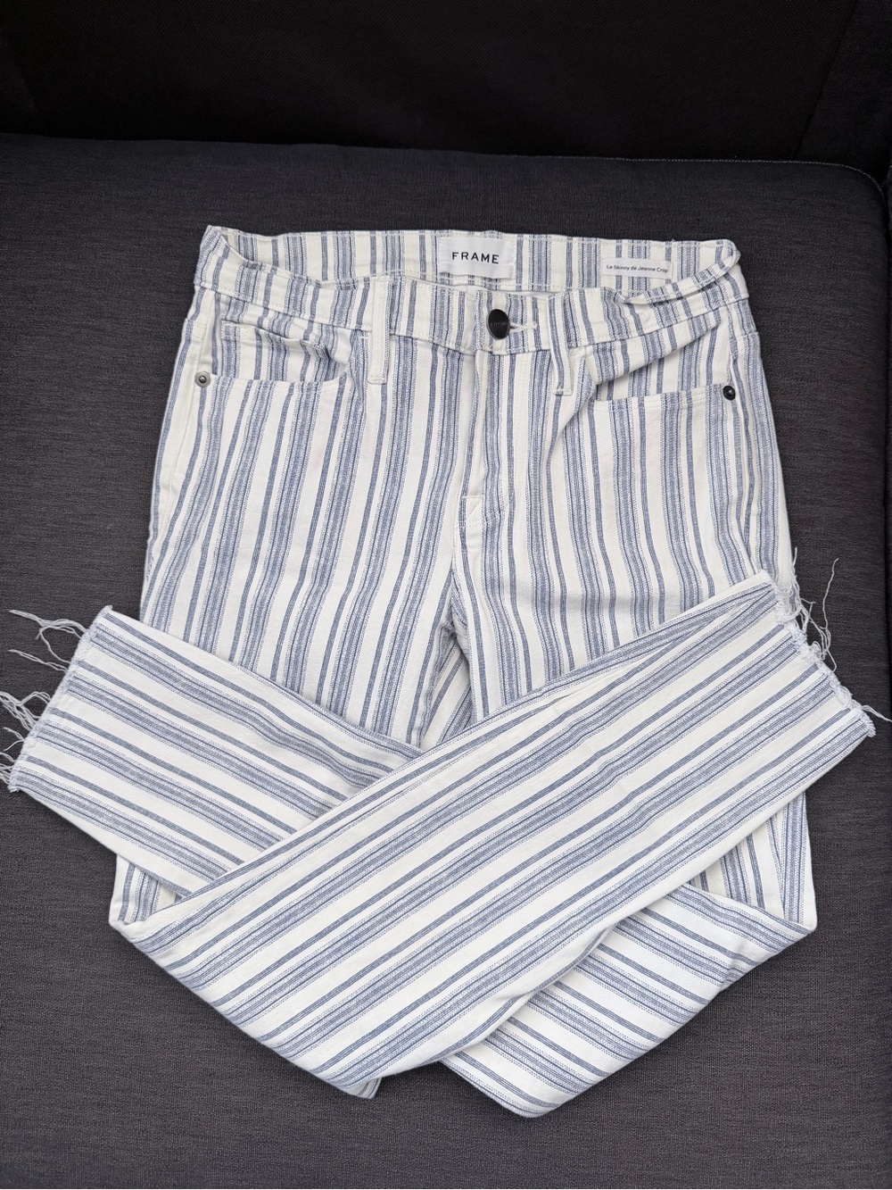 Frame Denim White and Blue Striped Skinny Jeans